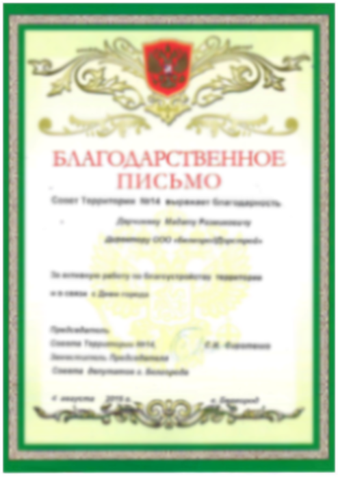 Почетная грамота Совета территории № 14 г. Белгорода
